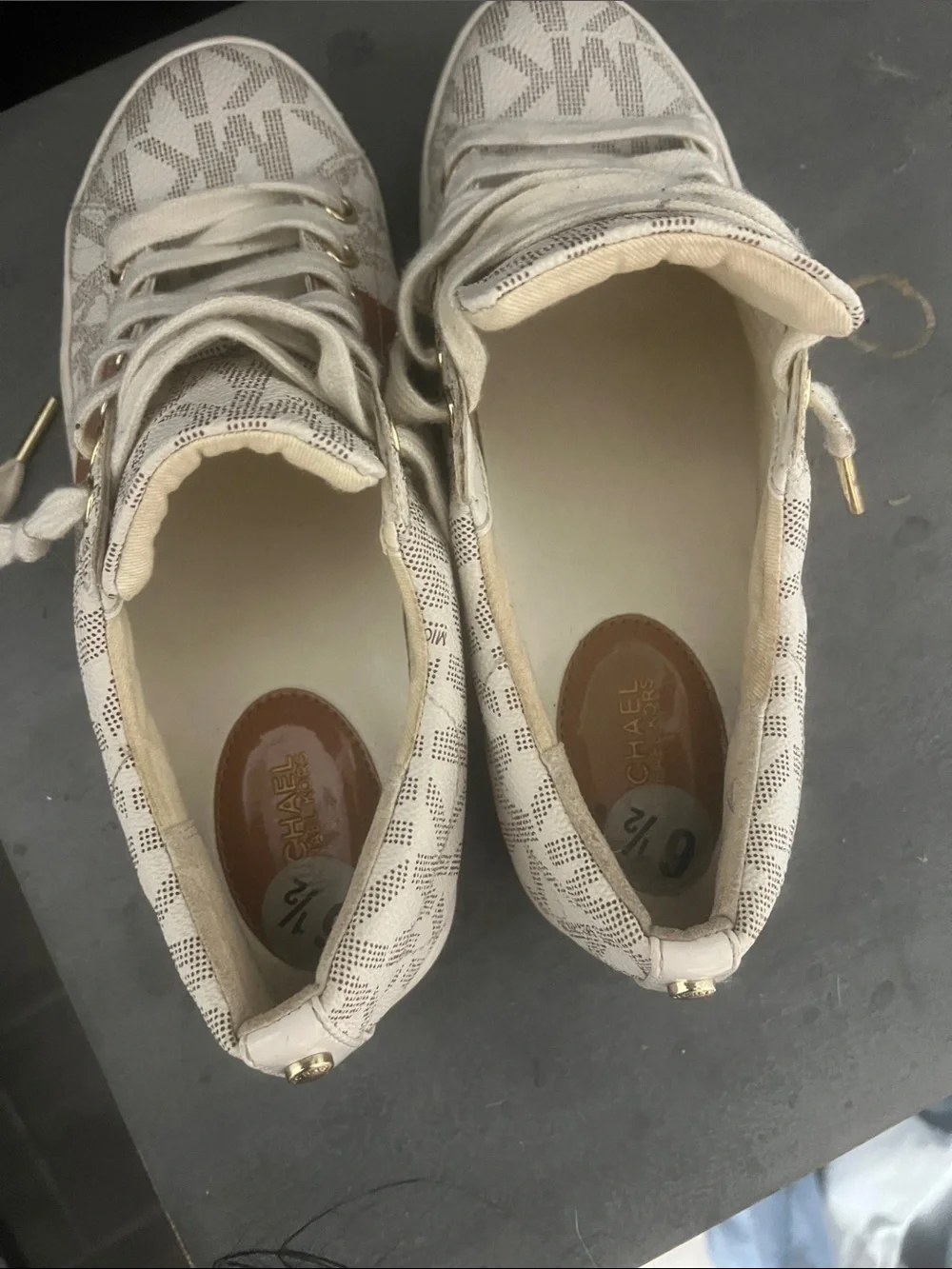 Michael Kors Cream Logo-Print Sneakers with Tan Leather Accent